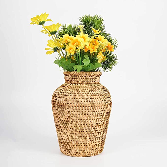 Rattan Vase Country Rustic Style Handmade Woven Plant Flower Vase Basket for Home Decor