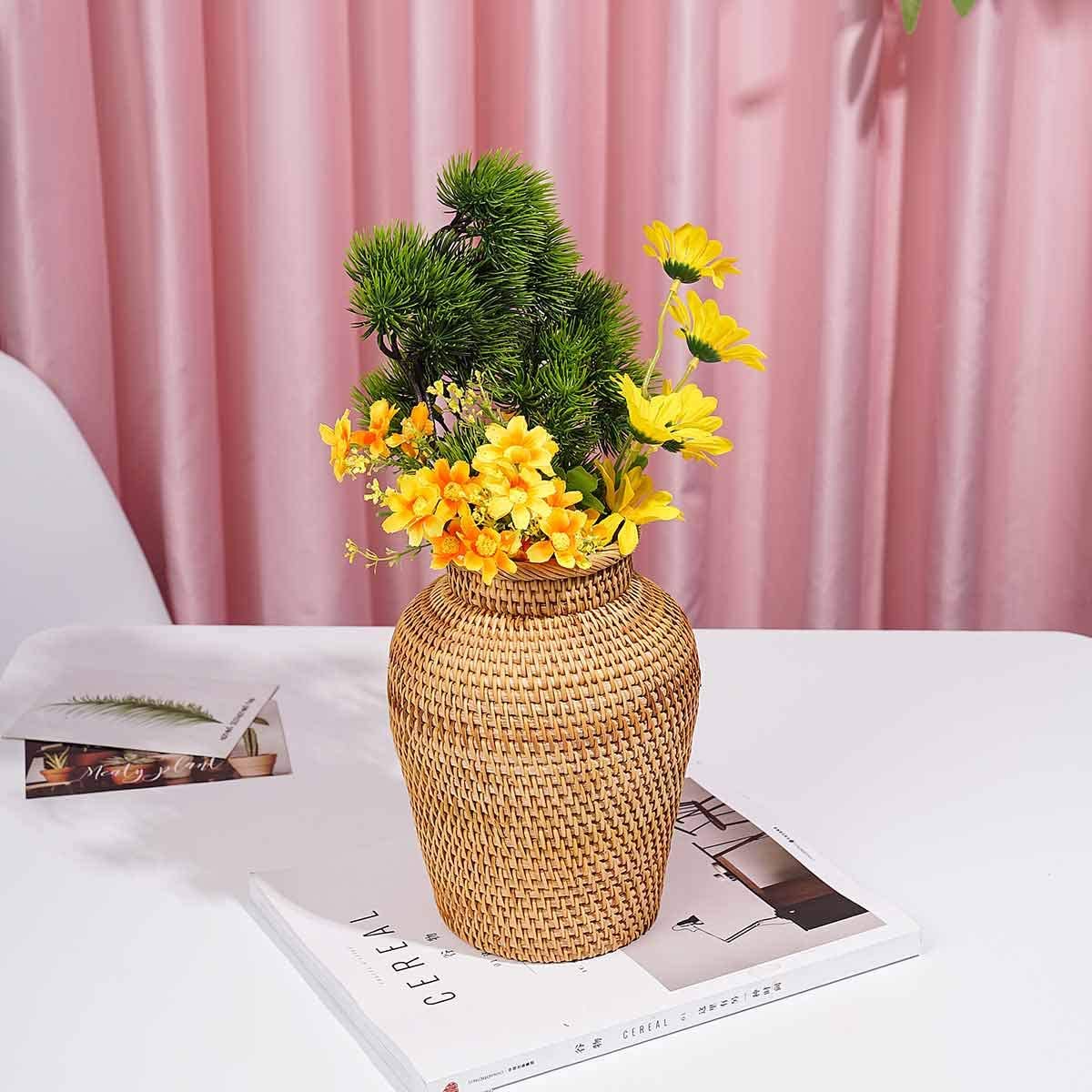 Rattan Vase Country Rustic Style Handmade Woven Plant Flower Vase Basket for Home Decor