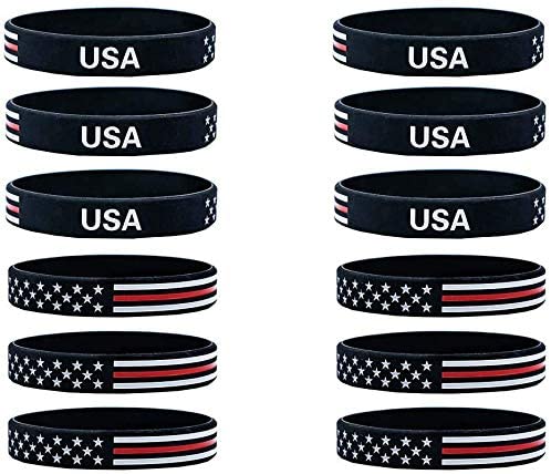 Lymhy 12 Pack American Flag Bracelet, Thin Red Line Rubber Wristbands USA Silicone Bracelet Patriot Gift