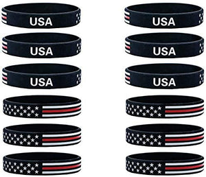 Lymhy 12 Pack American Flag Bracelet, Thin Red Line Rubber Wristbands USA Silicone Bracelet Patriot Gift